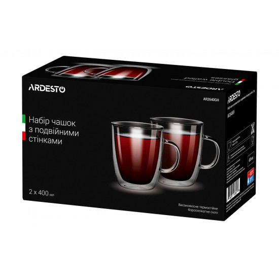 A set of cups with Ardesto handles with double walls for latte, 400 ml, 2 pieces of AR2640GH A set of cups with Ardesto handles with double walls for latte, 400 ml, 2 pieces of AR2640GH