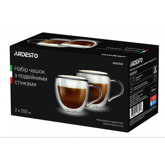 A set of cups with Ardesto handles with double walls for latte, 250 ml, 2 pieces of AR2625GH A set of cups with Ardesto handles with double walls for latte, 250 ml, 2 pieces of AR2625GH