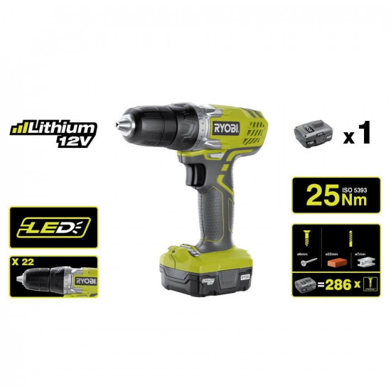 Акумуляторний дриль-шуруповерт Ryobi R12SD-L13G Акумуляторний дриль-шуруповерт Ryobi R12SD-L13G