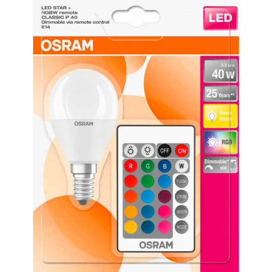 Lamp LED OSRAM LED STAR E14 5.5-40W 2700K+RGB 220V P45 remote control panel Lamp LED OSRAM LED STAR E14 5.5-40W 2700K+RGB 220V P45 remote control panel