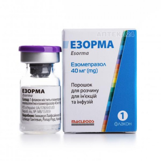 Езорма порошок для розчину для ін'єкцій та інфузій по 40 мг, 1 шт.',' Діюча речовина: езомепразол <br> Торгова назва: Езорма <br> GTIN: 8901463129463 <br> Індія <br> Імпортний: Так <br> Код АТС/ATX: A02B C05 <br> Спосіб введення: внутрішньовенно <br> Дозу Езорма порошок для розчину для ін'єкцій та інфузій по 40 мг, 1 шт.',' Діюча речовина: езомепразол <br> Торгова назва: Езорма <br> GTIN: 8901463129463 <br> Індія <br> Імпортний: Так <br> Код АТС/ATX: A02B C05 <br> Спосіб введення: внутрішньовенно <br> Дозу