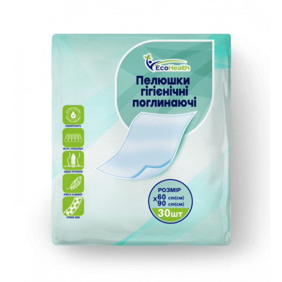 Ecohealth the diaper hygienic absorbing, 60 cm x 90 cm, 30 pieces. Ecohealth the diaper hygienic absorbing, 60 cm x 90 cm, 30 pieces.