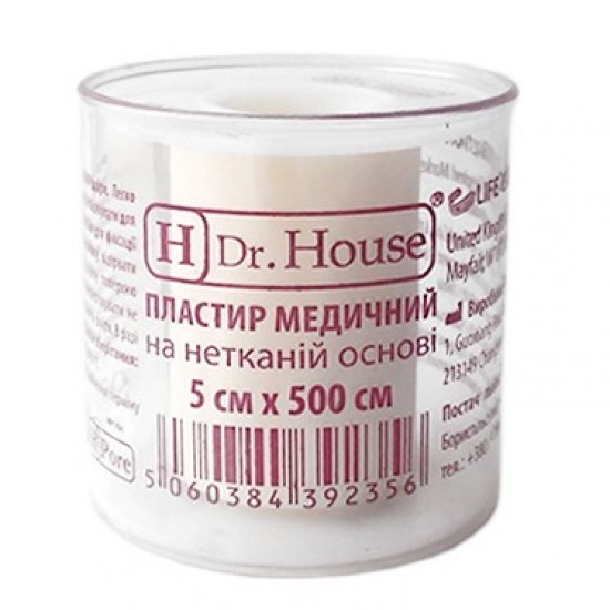 Пластырь медицинский на нетканой основе 5 см х 500 см H Dr.House (пластиковая катушка) Пластырь медицинский на нетканой основе 5 см х 500 см H Dr.House (пластиковая катушка)