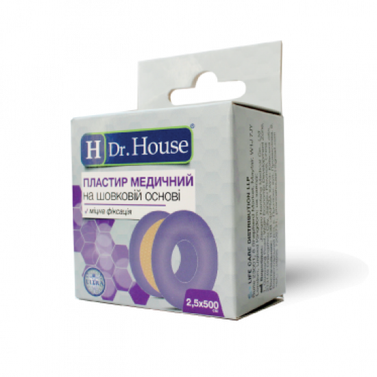 Пластырь медицинский на шелковой основе 2,5 см х 500 см H Dr.House (пластик с подвесом) Пластырь медицинский на шелковой основе 2,5 см х 500 см H Dr.House (пластик с подвесом)