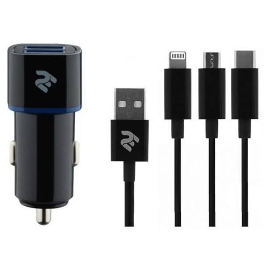 Автомобильное зарядное устройство 2E 2хUSB 2.4A + кабель 3в1 Lightning/microUSB/Type-C) Black Автомобильное зарядное устройство 2E 2хUSB 2.4A + кабель 3в1 Lightning/microUSB/Type-C) Black
