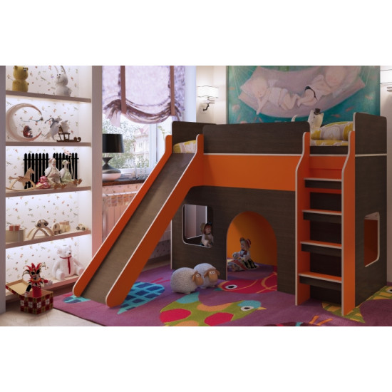 Attic Bed with Play Area KidsBunkBed I-02 wenge orange 1940x1550x2040 mm Attic Bed with Play Area KidsBunkBed I-02 wenge orange 1940x1550x2040 mm