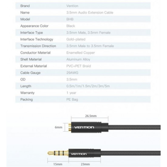 Cable Vention Audio 3.5 mm M - 3.5 mm F, 1m, Black (BHBBF) Cable Vention Audio 3.5 mm M - 3.5 mm F, 1m, Black (BHBBF)