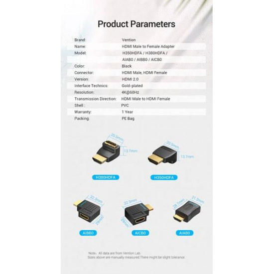 Переходник Vention HDMI Male to Female Adapter 90° Degree Правый (AIBBO) Переходник Vention HDMI Male to Female Adapter 90° Degree Правый (AIBBO)