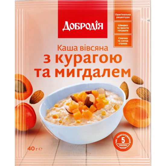Упаковка каши овсяной Добродія Курага-Миндаль 40 г х 20 шт (4820182202926) Упаковка каши овсяной Добродія Курага-Миндаль 40 г х 20 шт (4820182202926)