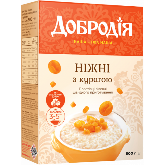Packaging of Dobrodiya Tender oat flakes with dried apricots 500 g x 3 pcs (4820182203206) Packaging of Dobrodiya Tender oat flakes with dried apricots 500 g x 3 pcs (4820182203206)