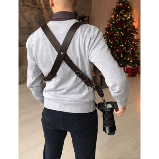 Розвантаження для фотографа з натуральної шкіри для двох камер, темно-коричневе Розвантаження для фотографа з натуральної шкіри для двох камер, темно-коричневе