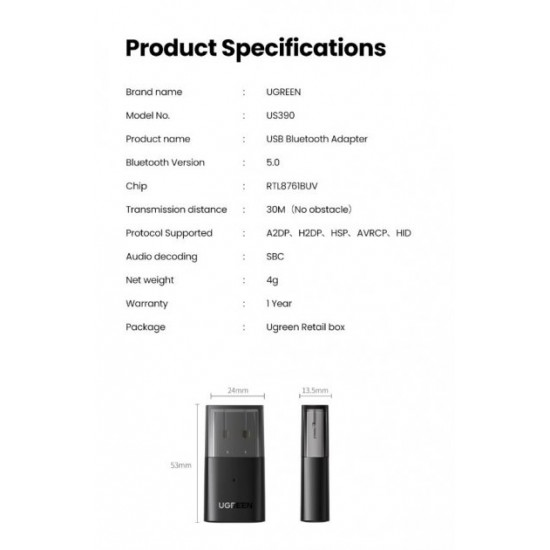 Bluetooth-адаптер UGREEN USB Bluetooth 5.0 передавач для комп'ютера, ноутбука Black (US390) Bluetooth-адаптер UGREEN USB Bluetooth 5.0 передавач для комп'ютера, ноутбука Black (US390)