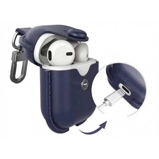 Шкіряний чохол Primo Hook для навушників Apple AirPods / AirPods 2019 - Dark Blue Шкіряний чохол Primo Hook для навушників Apple AirPods / AirPods 2019 - Dark Blue