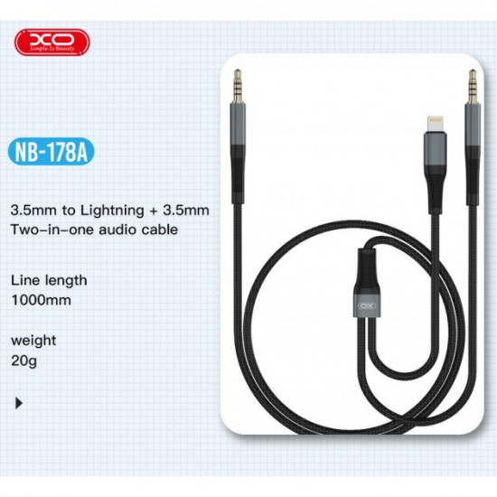 Аудіокабель XO 2в1 audio adapter cable 3.5mm to 3.5mm +Lightning 1m Аудіокабель XO 2в1 audio adapter cable 3.5mm to 3.5mm +Lightning 1m