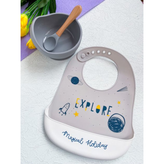 Children's silicone tableware set Metr+ 3-piece bib deep plate with spoon Gray Children's silicone tableware set Metr+ 3-piece bib deep plate with spoon Gray