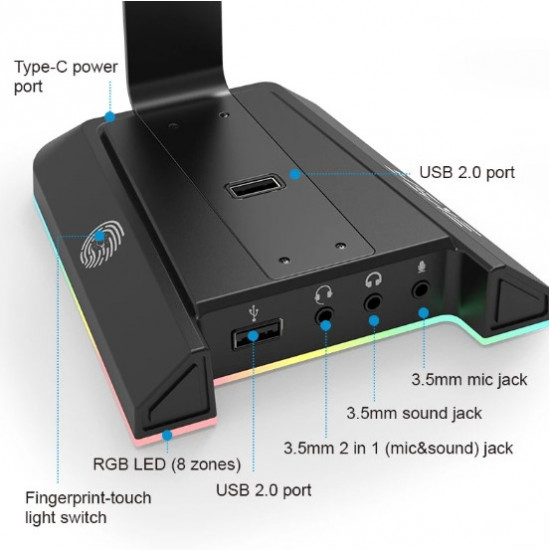Подставка для наушников EKSA W1, держатель игровой гарнитуры с RGB подсветкой Черная Подставка для наушников EKSA W1, держатель игровой гарнитуры с RGB подсветкой Черная