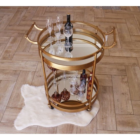 Gold serving table on wheels made of metal with mirror finish. Grand Present 96018 Gold serving table on wheels made of metal with mirror finish. Grand Present 96018