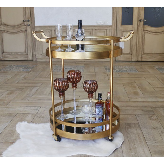 Gold serving table on wheels made of metal with mirror finish. Grand Present 96018 Gold serving table on wheels made of metal with mirror finish. Grand Present 96018