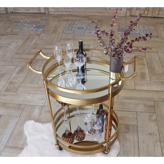Gold serving table on wheels made of metal with mirror finish. Grand Present 96018 Gold serving table on wheels made of metal with mirror finish. Grand Present 96018