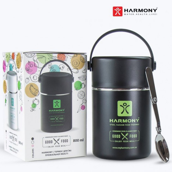 Термос для еды Harmony Black 800 мл. с ложкой и тарелкой Термос для еды Harmony Black 800 мл. с ложкой и тарелкой