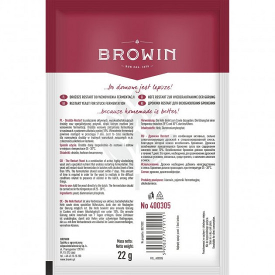 Винные дрожжи Browin Restart для возобновления брожения вина, 22г Винные дрожжи Browin Restart для возобновления брожения вина, 22г
