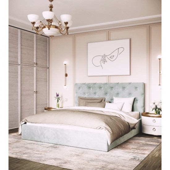 Double bed with soft headboard 160x200 Velor Viorina-deko laminated chipboard/fabric color gray Double bed with soft headboard 160x200 Velor Viorina-deko laminated chipboard/fabric color gray