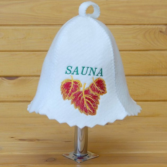 Шапка для сауни білого кольору Sauna червоний березовий лист Шапка для сауни білого кольору Sauna червоний березовий лист