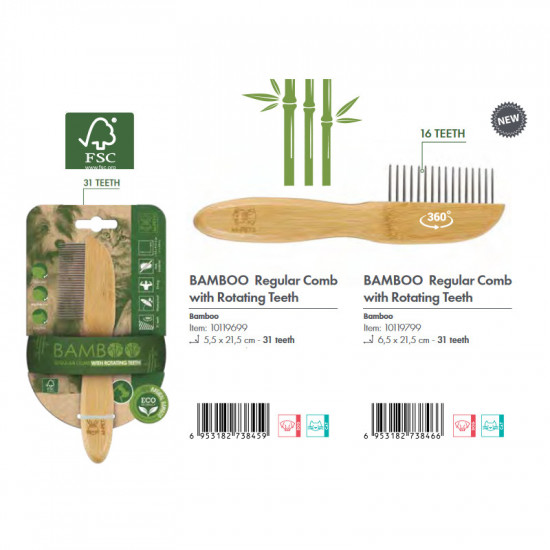 M-Pets (М-Петс) Bamboo Regular Comb with Rotating Teeth - Расческа с вращающимися зубьями из бамбука для собак и котов M-Pets (М-Петс) Bamboo Regular Comb with Rotating Teeth - Расческа с вращающимися зубьями из бамбука для собак и котов