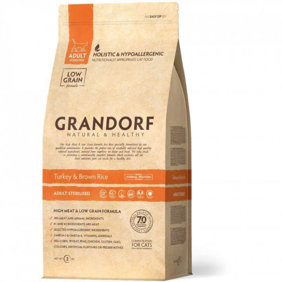 Grandorf Turkey & Brown Rice Sterilised - A dry feed with a turkey and brown rice for the adult castrated cats and the sterilized cats Grandorf Turkey & Brown Rice Sterilised - A dry feed with a turkey and brown rice for the adult castrated cats and the sterilized cats