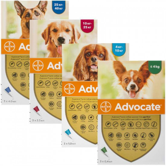 Advocate by Bayer Animal - Antiparasitic drops for dogs from fleas, louses, pincers, helminths (1 pipette) Advocate by Bayer Animal - Antiparasitic drops for dogs from fleas, louses, pincers, helminths (1 pipette)