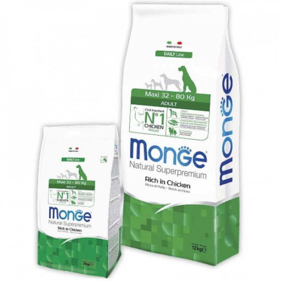 Monge Natural Superpremium Maxi Adult - A dry feed for adult dogs of large breeds with chicken and rice Monge Natural Superpremium Maxi Adult - A dry feed for adult dogs of large breeds with chicken and rice
