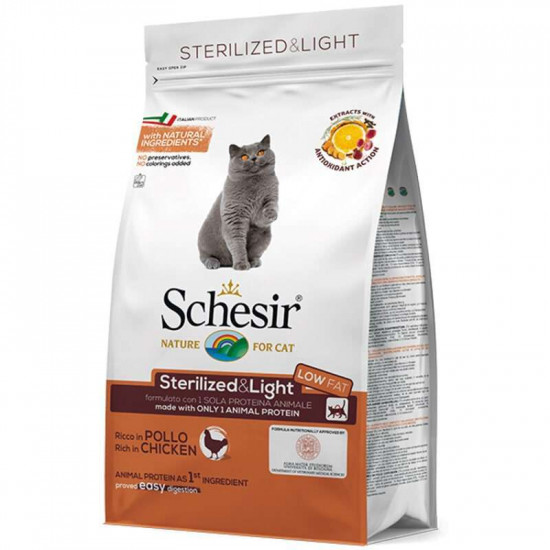 Schesir Cat Sterilized & Light - A dry monoprotein feed with chicken for the sterilized cats and the castrated cats, for cats inclined to completeness Schesir Cat Sterilized & Light - A dry monoprotein feed with chicken for the sterilized cats and the castrated cats, for cats inclined to completeness