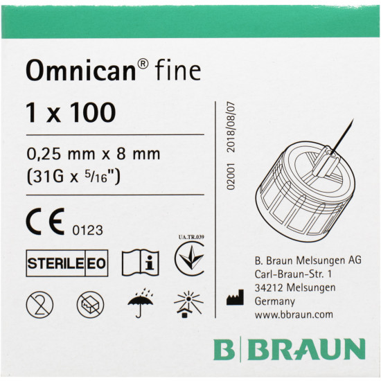 Иглы для инсулиновых шприц-ручек Omnican Fine (Омникан Файн) размер 31G (0,25мм x 8мм) 100 шт Иглы для инсулиновых шприц-ручек Omnican Fine (Омникан Файн) размер 31G (0,25мм x 8мм) 100 шт