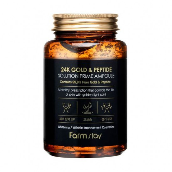 Антивозрастная ампульная сыворотка для лица FarmStay 24K Gold & Peptide Solution Prime Ampoule с 24-х каратным золотом и пептидами, 250 мл Антивозрастная ампульная сыворотка для лица FarmStay 24K Gold & Peptide Solution Prime Ampoule с 24-х каратным золотом и пептидами, 250 мл