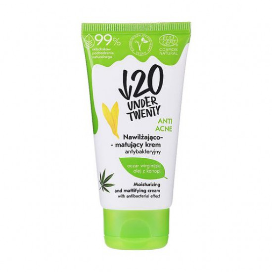 Денний та нічний антибактеріальний крем для обличчя Under Twenty Anti Acne Face Cream зволожуючий та матуючий, для жирної та комбінованої шкіри, 50 мл Денний та нічний антибактеріальний крем для обличчя Under Twenty Anti Acne Face Cream зволожуючий та матуючий, для жирної та комбінованої шкіри, 50 мл