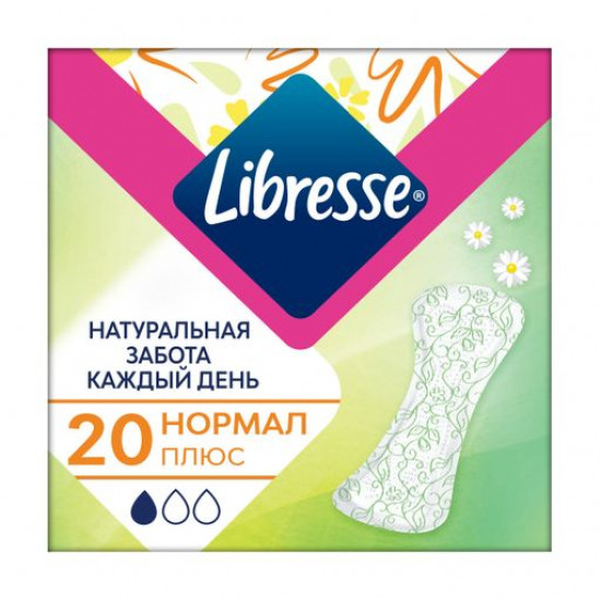Щоденні прокладки Libresse Натуральна турбота Нормал плюс, з алое віра та ромашкою, 20 шт Щоденні прокладки Libresse Натуральна турбота Нормал плюс, з алое віра та ромашкою, 20 шт
