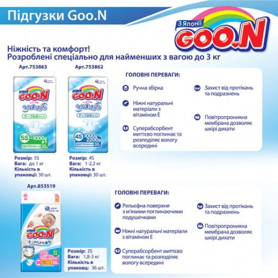 Підгузники Goo.N для новонароджених, розмір SS, (0- 5 кг), 90 шт Підгузники Goo.N для новонароджених, розмір SS, (0- 5 кг), 90 шт