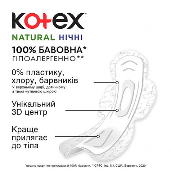 Прокладки для критических дней Kotex Natural Ночные, 6 шт
Прокладки для критических дней Kotex Natural Ночные, 6 шт
