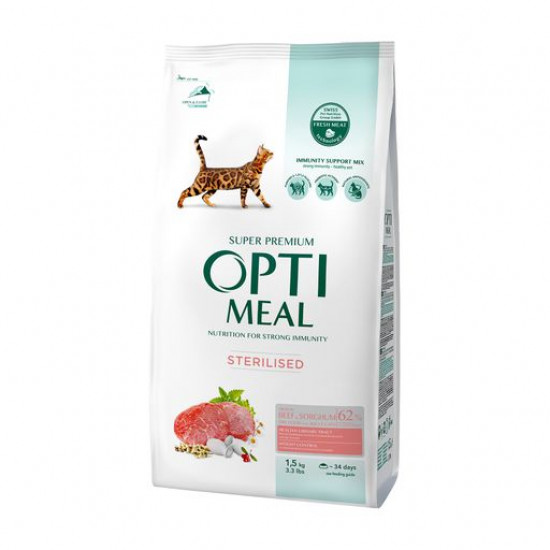 Dry feed for the sterilized cats of Optimeal with the high content of beef and a sorghum, 1.5 kg Dry feed for the sterilized cats of Optimeal with the high content of beef and a sorghum, 1.5 kg