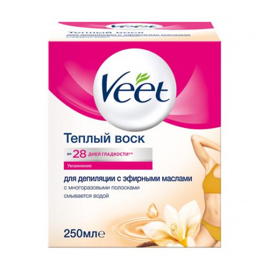 Теплий віск для депіляції Veet з ефірними оліями, з багаторазовими смужками, 250 г Теплий віск для депіляції Veet з ефірними оліями, з багаторазовими смужками, 250 г