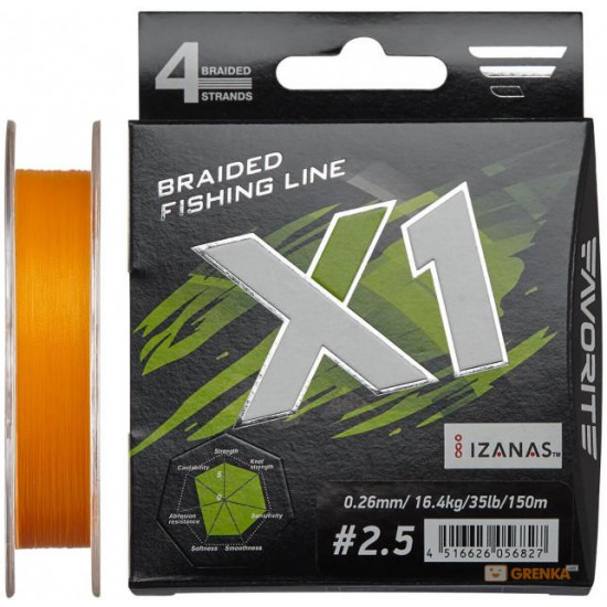 Shnur Favorite X1 PE 4x 150m (orange) #2.5/0.260mm 35lb/16.4kg (16931124) Shnur Favorite X1 PE 4x 150m (orange) #2.5/0.260mm 35lb/16.4kg (16931124)