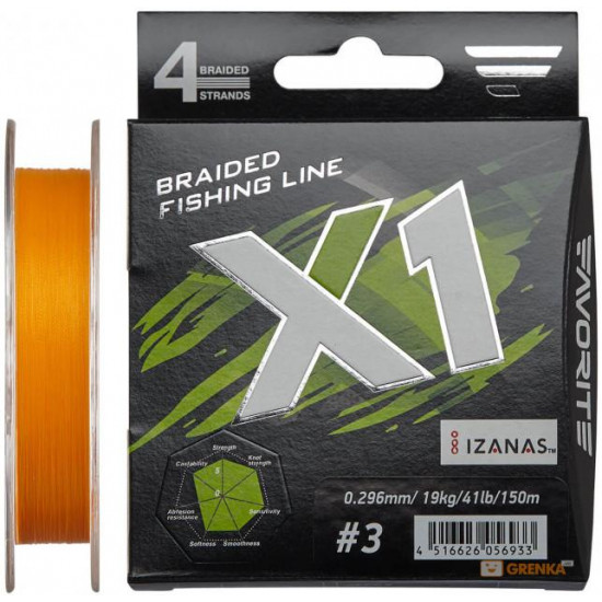 Шнур Favorite X1 PE 4x 150m (orange) #3.0/0.296mm 41lb/19.0kg (16931125) Шнур Favorite X1 PE 4x 150m (orange) #3.0/0.296mm 41lb/19.0kg (16931125)