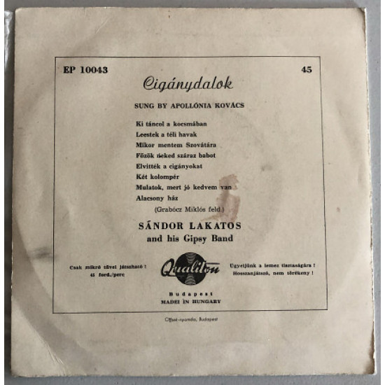 Apollonia Kovac sings EP 7 the Gipsy songs, Hungary, 1962 Apollonia Kovac sings EP 7 the Gipsy songs, Hungary, 1962
